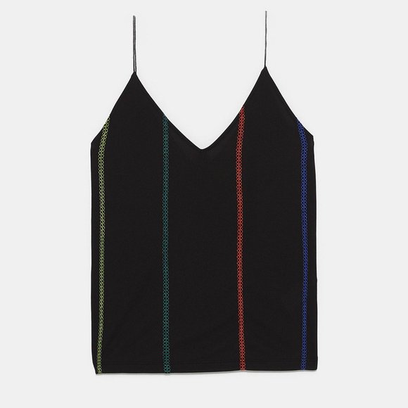 ZARA BLACK MULTICOLOR EMBROIDERED ACCENT SPAGHETTI STRAP CAMI SHIRT $39.90 - Picture 1 of 12
